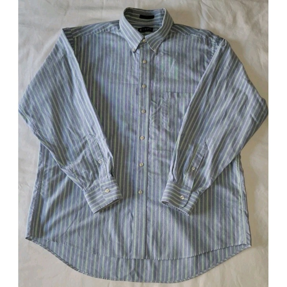 Chaps Button Down Wrinkle Free Oxford Blue/Green Stripe Classic Men's XL